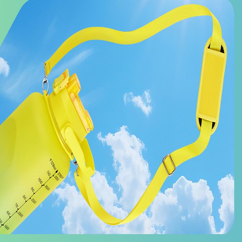 Yellow EnergyBud bottle with its adjustable shoulder strap extended