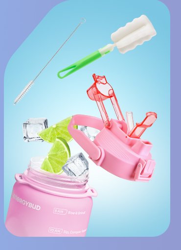 The half gallon's cap, straw and two included cleaning brushes