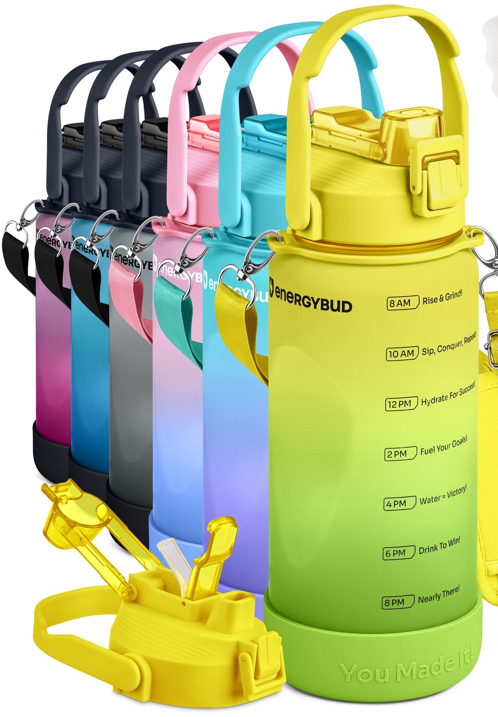 EnergyBud half gallon bottle in lime, with the rest of the colourway line-up behind it